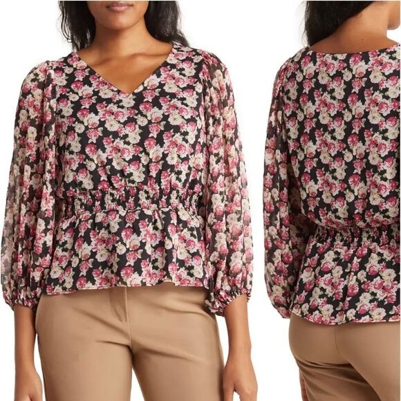 Philosophy Vibrant floral print blooms blouse. Size: Large Color: Black/Pink - Picture 1 of 14